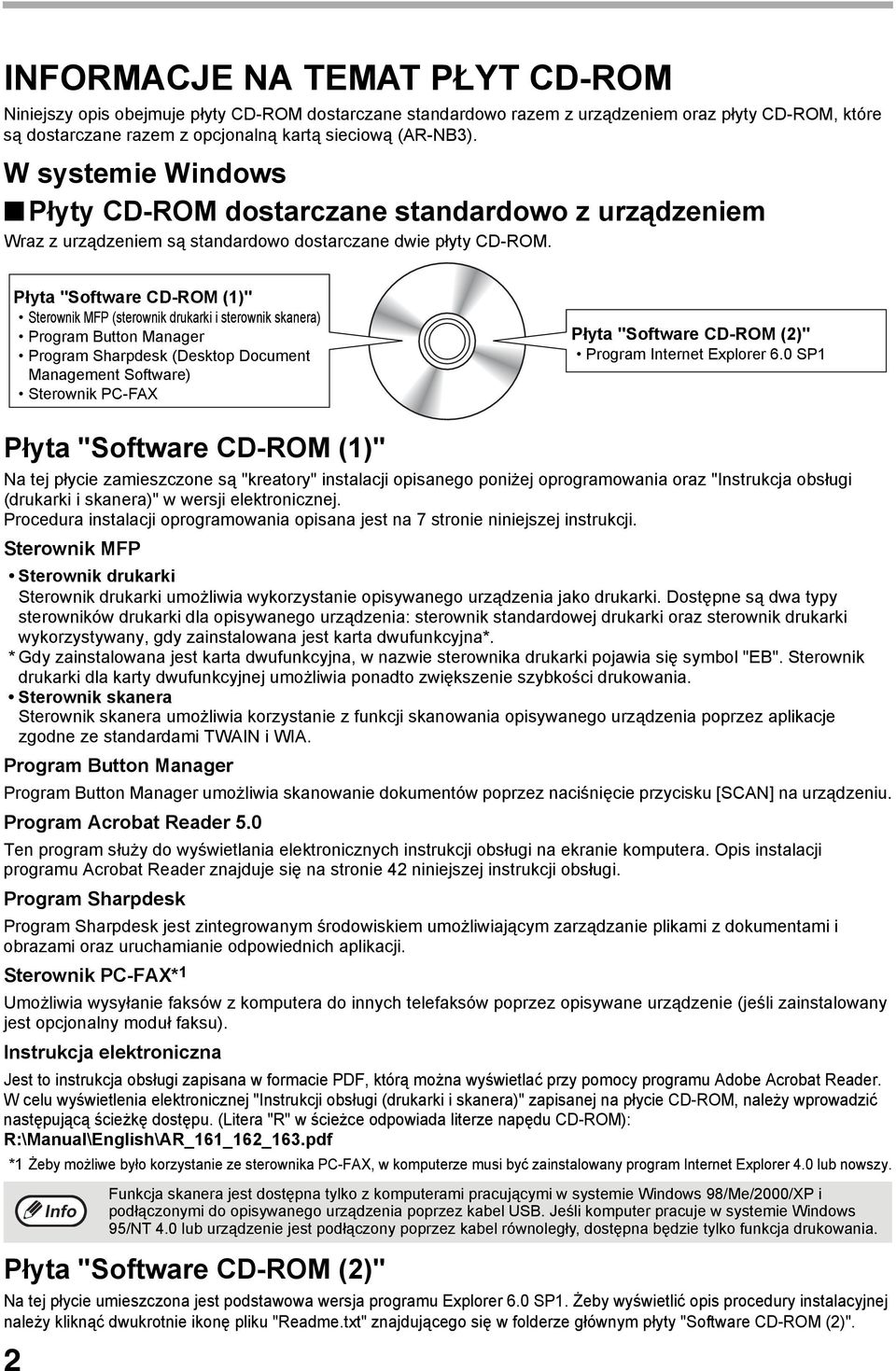 Płyta "Software CD-ROM ()" Sterownik MFP (sterownik drukarki i sterownik skanera) Program Button Manager Program Sharpdesk (Desktop Document Management Software) Sterownik PC-FAX Płyta "Software