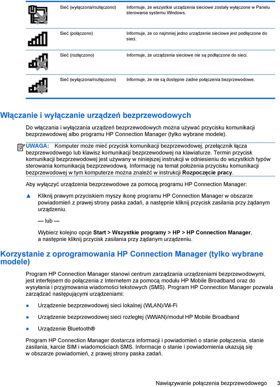 Sieć (wyłączona/rozłączono) Informuje, że nie są dostępne żadne połączenia bezprzewodowe.