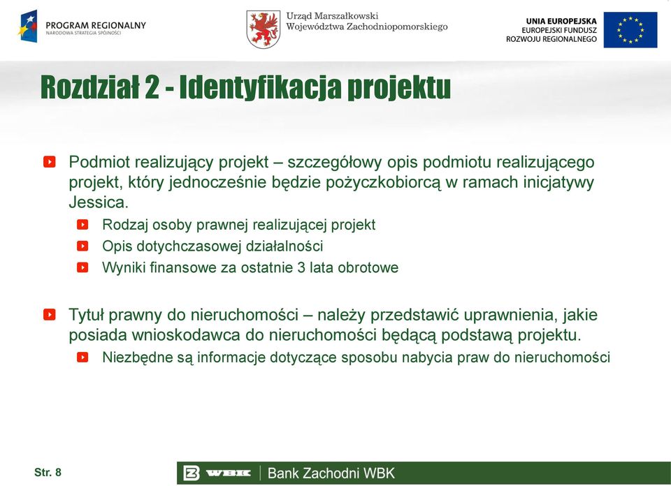 Rodzaj osoby prawnej realizującej projekt Opis dotychczasowej działalności Wyniki finansowe za ostatnie 3 lata obrotowe Tytuł