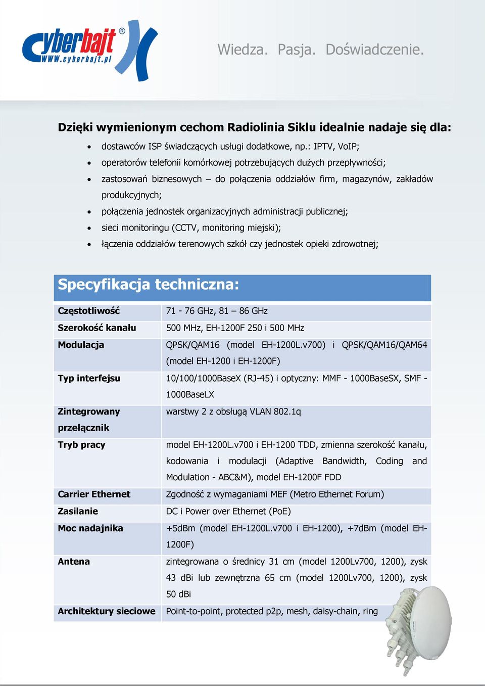 organizacyjnych administracji publicznej; sieci monitoringu (CCTV, monitoring miejski); łączenia oddziałów terenowych szkół czy jednostek opieki zdrowotnej; Specyfikacja techniczna: Częstotliwość