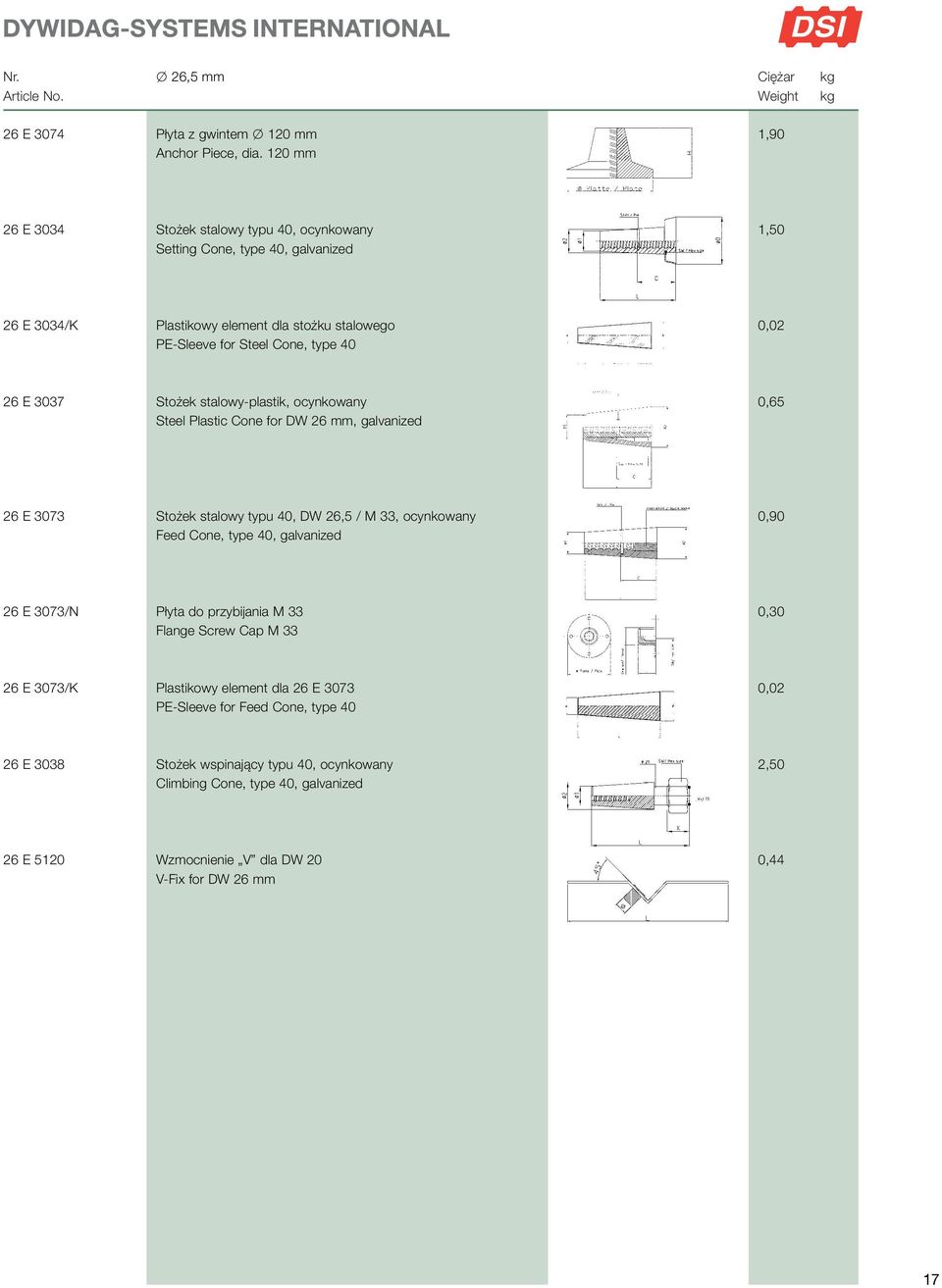 0,02 26 E 3037 Stożek stalowy-plastik, ocynkowany Steel Plastic Cone for DW 26 mm, galvanized 0,65 26 E 3073 Stożek stalowy typu 40, DW 26,5 / M 33, ocynkowany Feed Cone, type 40,