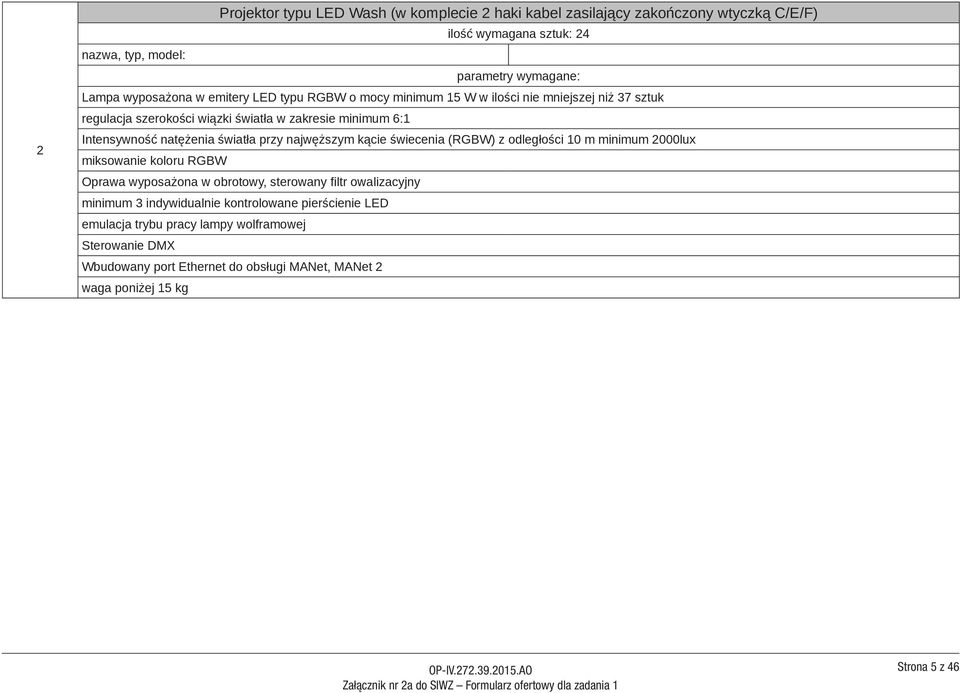 kącie świecenia (RGBW) z odległości 10 m minimum 2000lux miksowanie koloru RGBW Oprawa wyposażona w obrotowy, sterowany fi ltr owalizacyjny minimum 3