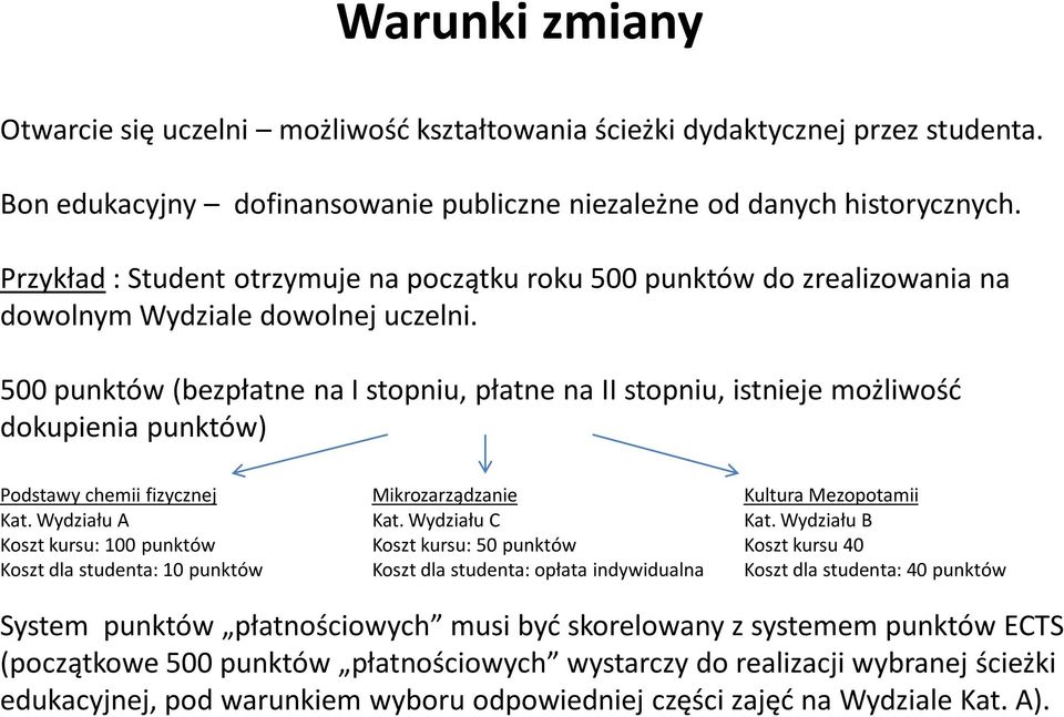 500 punktów (bezpłatne na I stopniu, płatne na II stopniu, istnieje możliwość dokupienia punktów) Podstawy chemii fizycznej Mikrozarządzanie Kultura Mezopotamii Kat. Wydziału A Kat. Wydziału C Kat.