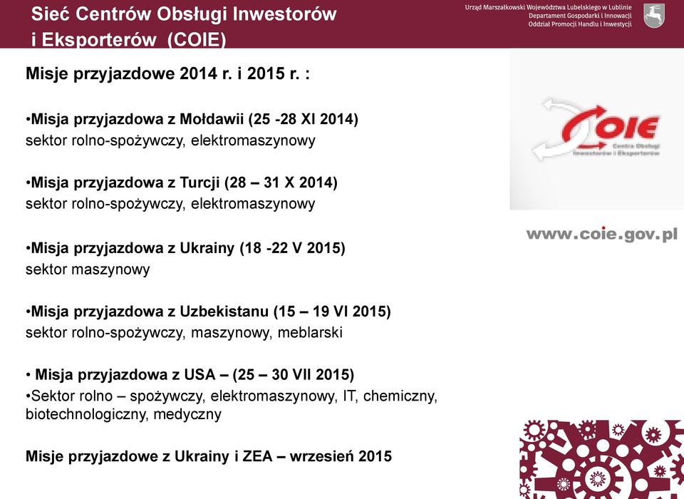 rolno-spożywczy, elektromaszynowy Misja przyjazdowa z Ukrainy (18-22 V 2015) sektor maszynowy Misja przyjazdowa z Uzbekistanu (15 19 VI 2015)