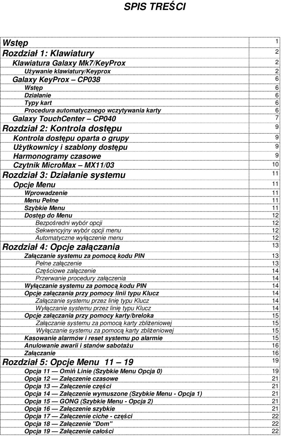 Działanie systemu 11 Opcje Menu 11 Wprowadzenie 11 Menu Pełne 11 Szybkie Menu 11 Dostęp do Menu 12 Bezpośredni wybór opcji 12 Sekwencyjny wybór opcji menu 12 Automatyczne wyłączenie menu 12 Rozdział