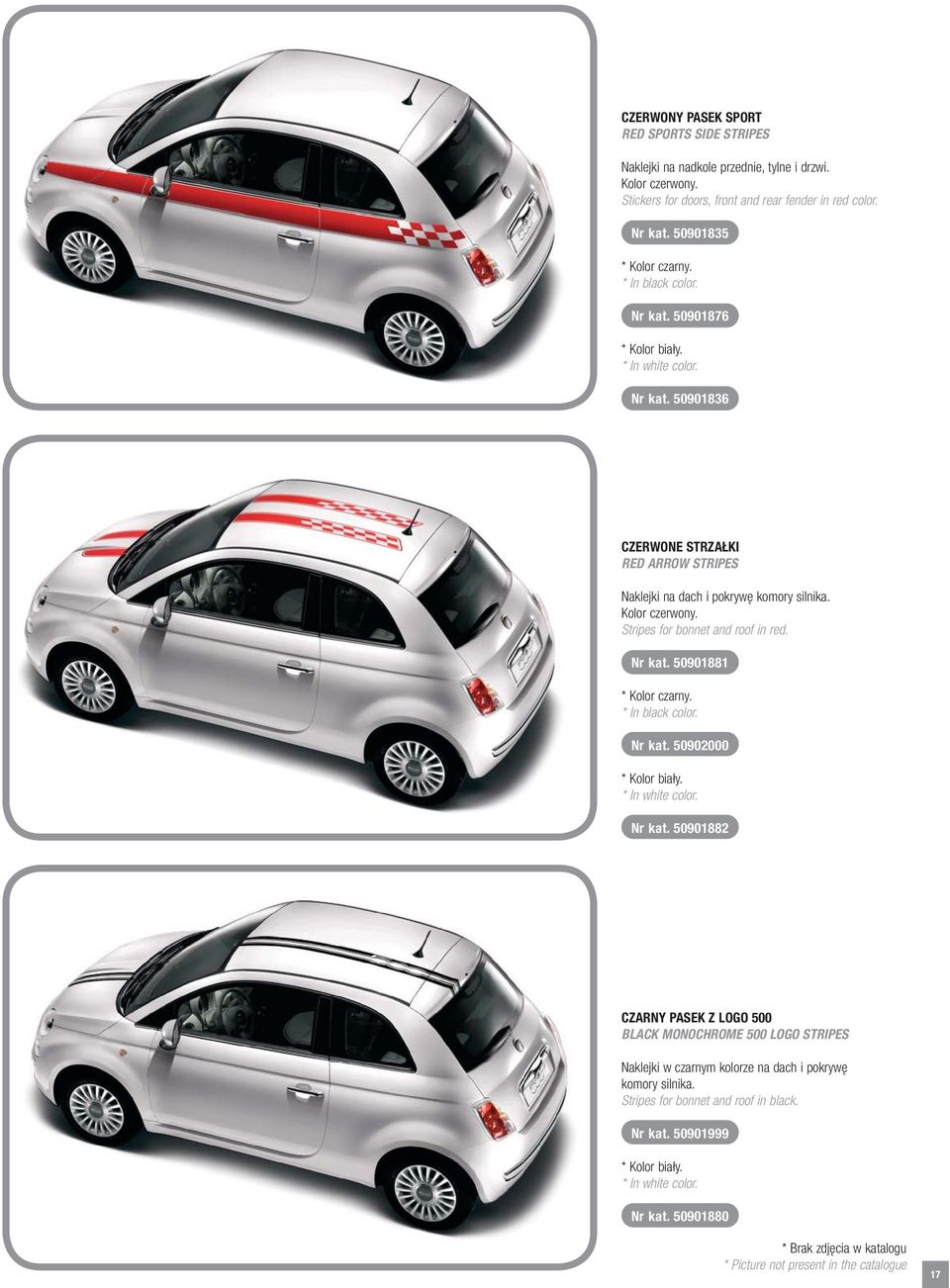 Stripes for bonnet and roof in red. Nr kat. 50901881 * Kolor czarny. * In black color. Nr kat. 50902000 * Kolor biały. * In white color. Nr kat. 50901882 CZARNY PASEK Z LOGO 500 BLACK MONOCHROME 500 LOGO STRIPES Naklejki w czarnym kolorze na dach i pokrywę komory silnika.