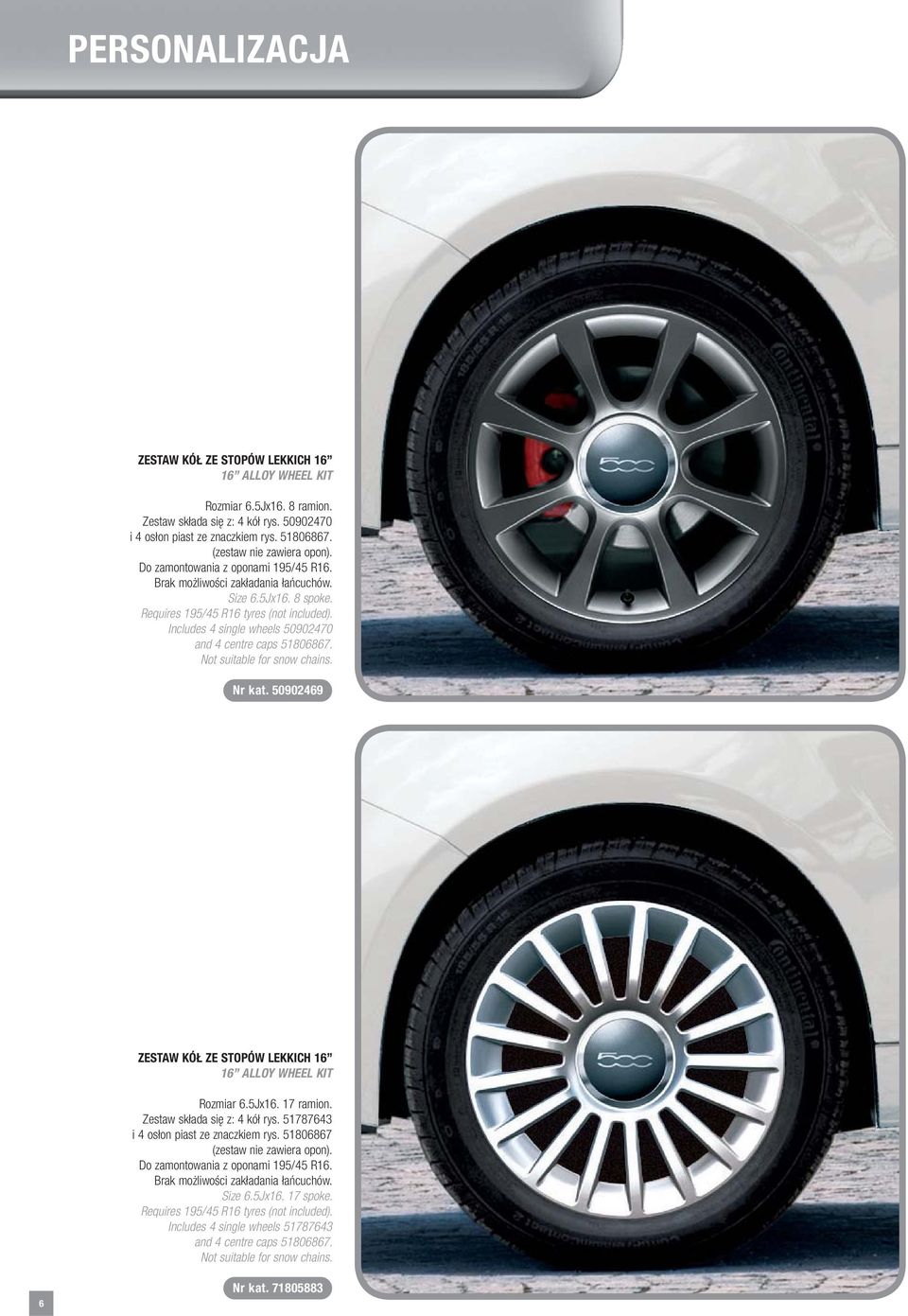 Includes 4 single wheels 50902470 and 4 centre caps 51806867. Not suitable for snow chains. Nr kat. 50902469 ZESTAW KÓŁ ZE STOPÓW LEKKICH 16 16 ALLOY WHEEL KIT Rozmiar 6.5Jx16. 17 ramion.