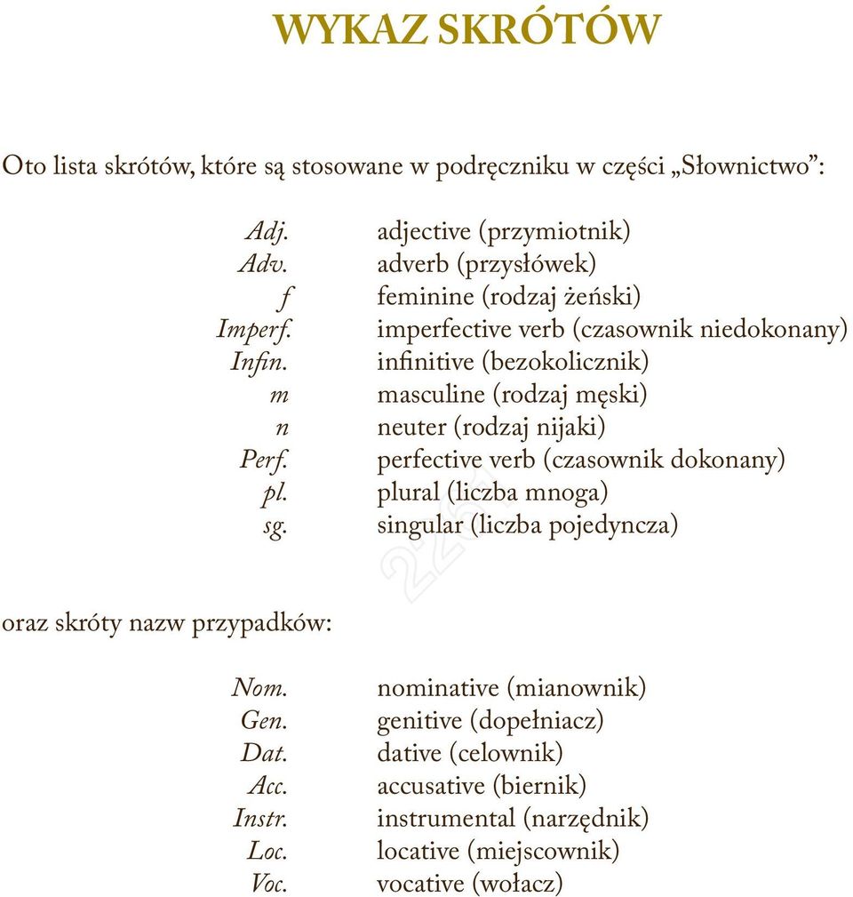 (bezokolicznik) masculine (rodzaj męski) neuter (rodzaj nijaki) perfective verb (czasownik dokonany) plural (liczba mnoga) singular (liczba pojedyncza) Nom.