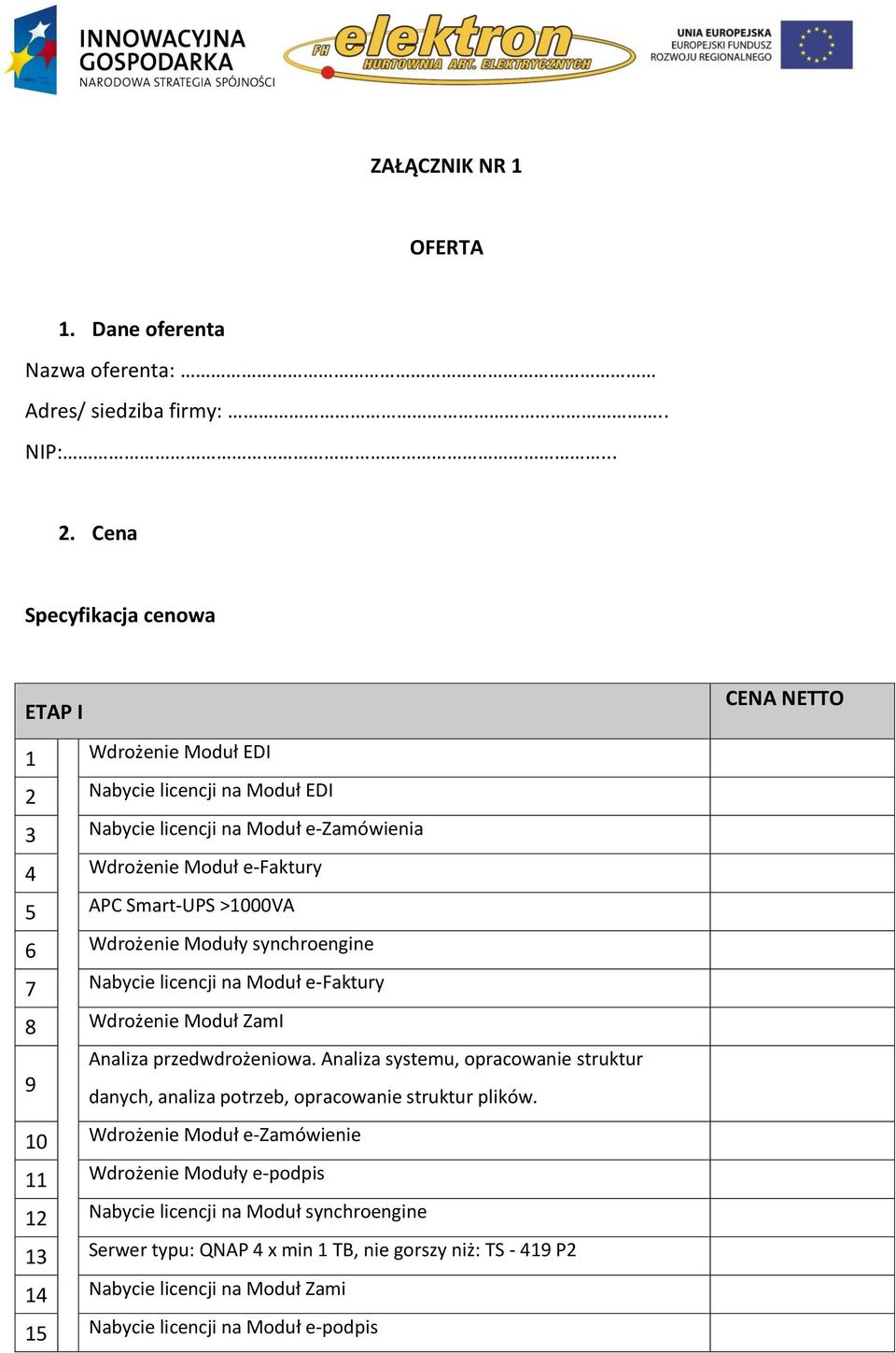 >1000VA 6 Wdrożenie Moduły synchroengine 7 Nabycie licencji na Moduł e-faktury 8 Wdrożenie Moduł ZamI Analiza przedwdrożeniowa.