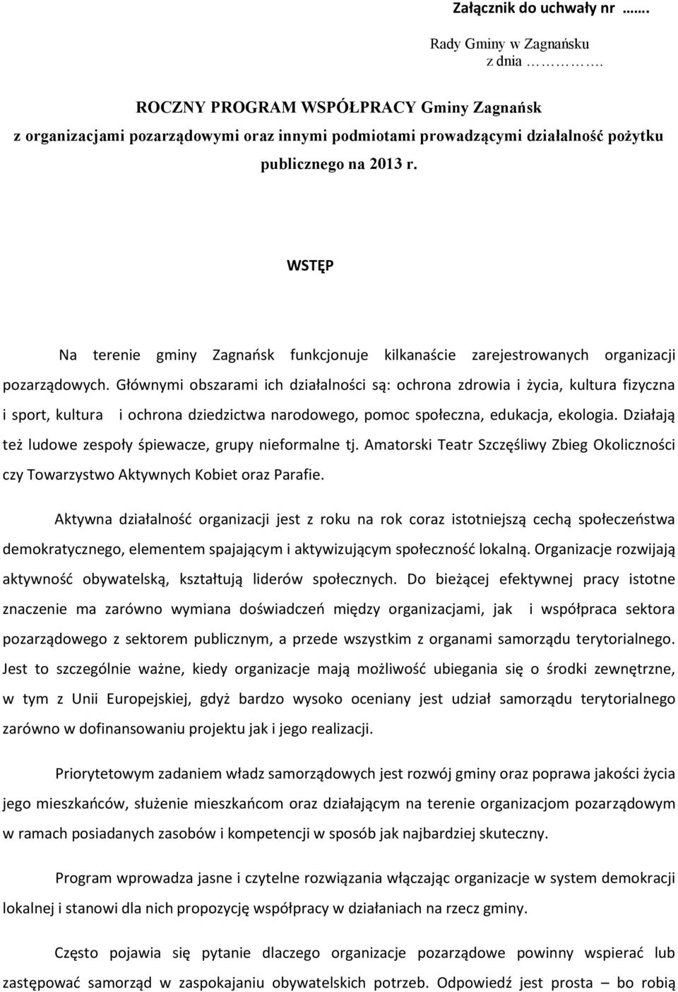 WSTĘP Na terenie gminy Zagnaosk funkcjonuje kilkanaście zarejestrowanych organizacji pozarządowych.