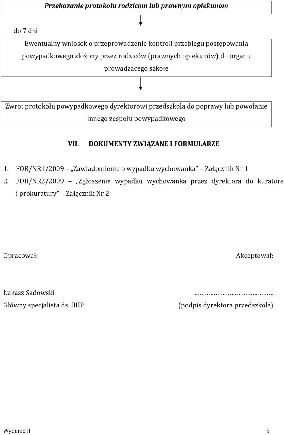 powypadkowego VII. DOKUMENTY ZWIĄZANE I FORMULARZE 1. FOR/NR1/2009 Zawiadomienie o wypadku wychowanka Załącznik Nr 1 2.