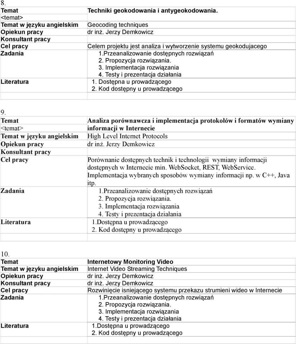 w języku angielskim Analiza porównawcza i implementacja protokołów i formatów wymiany informacji w Internecie High Level Internet Protocols Porównanie dostępnych technik i technologii wymiany
