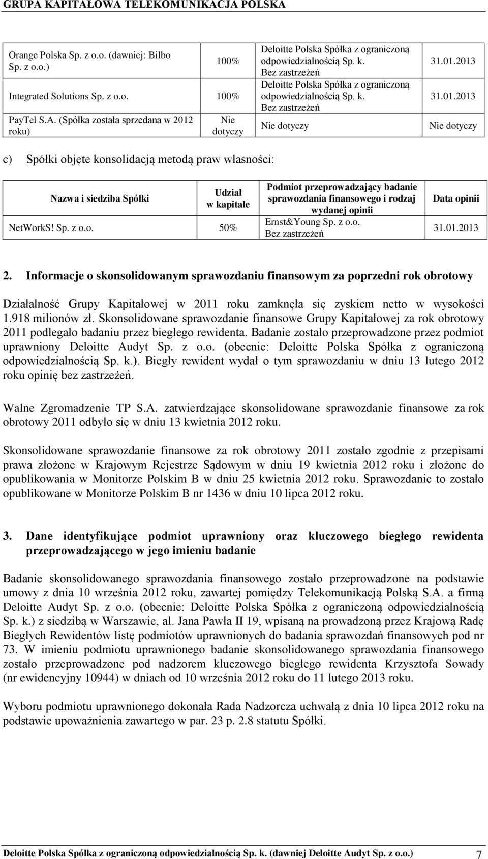2013 31.01.2013 Nie dotyczy c) Spółki objęte konsolidacją metodą praw własności: Nazwa i siedziba Spółki Udział w kapitale NetWorkS! Sp. z o.o. 50% Podmiot przeprowadzający badanie sprawozdania finansowego i rodzaj wydanej opinii Ernst&Young Sp.