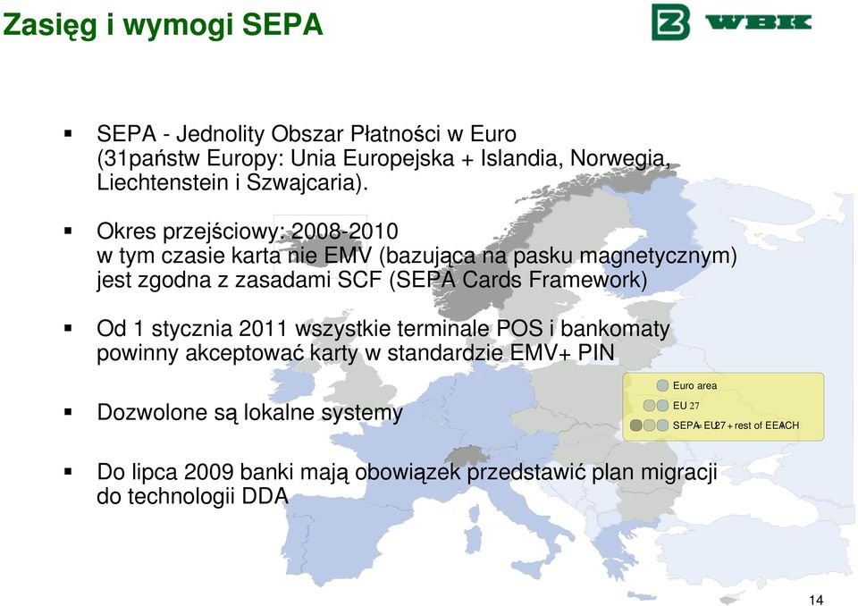 Okres przejściowy: 2008-2010 w tym czasie karta nie EMV (bazująca na pasku magnetycznym) jest zgodna z zasadami SCF (SEPA Cards