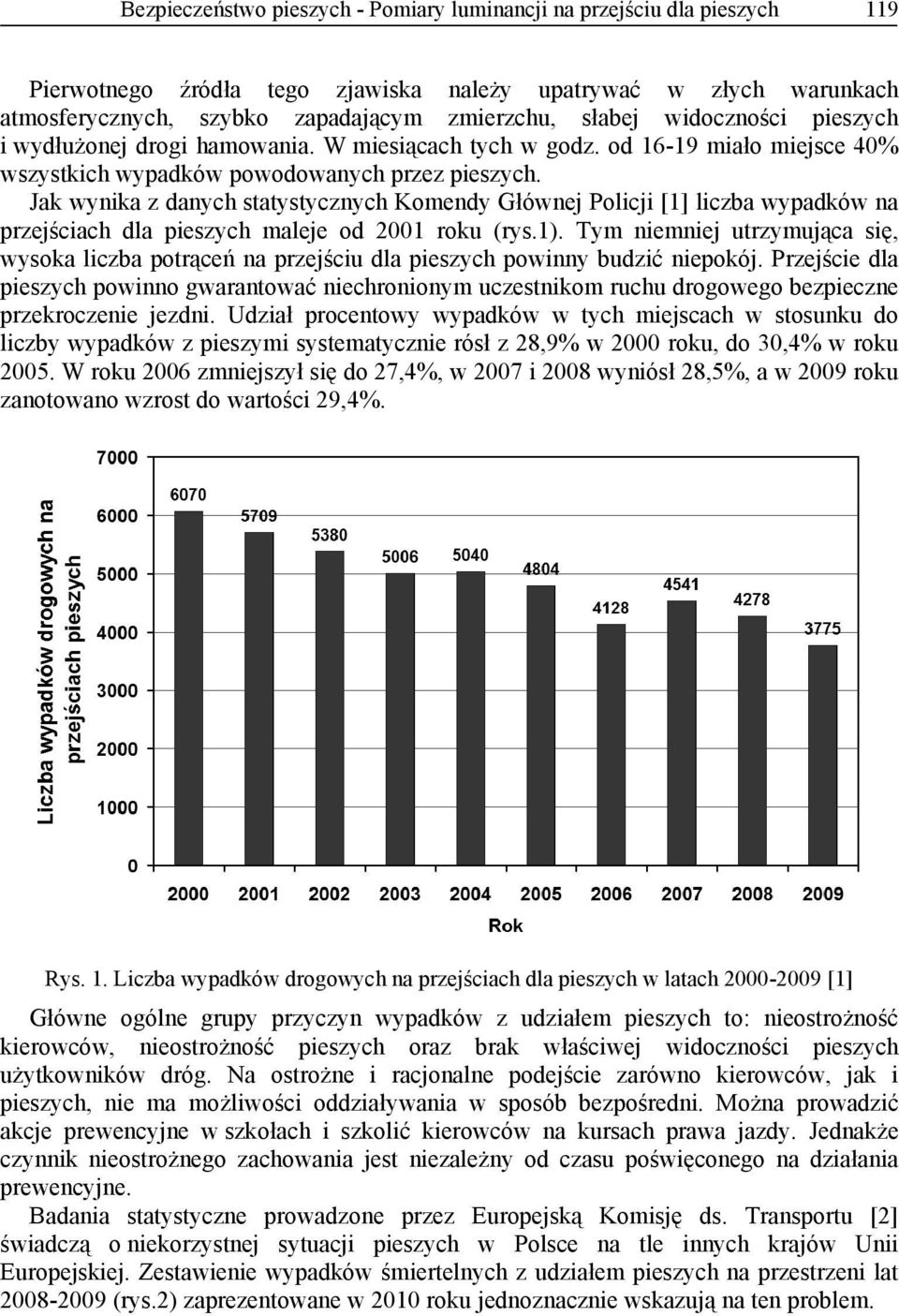 Jak wynika z danych statystycznych Komendy Głównej Policji [1] liczba wypadków na przejściach dla pieszych maleje od 2001 roku (rys.1).