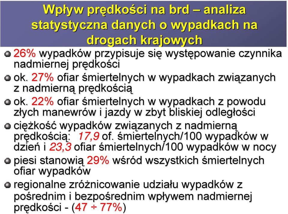 22% ofiar śmiertelnych w wypadkach z powodu złych manewrów w i jazdy w zbyt bliskiej odległości cięż ężkość wypadków w związanych zanych z nadmierną prędko dkością: 17,9 of.