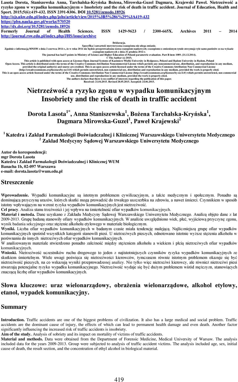 5281/zenodo.18926 http://ojs.ukw.edu.pl/index.php/johs/article/view/2015%3b5%286%29%3a419-432 https://pbn.nauka.gov.pl/works/570520 http://dx.doi.org/10.5281/zenodo.18926 Formerly Journal of Health Sciences.