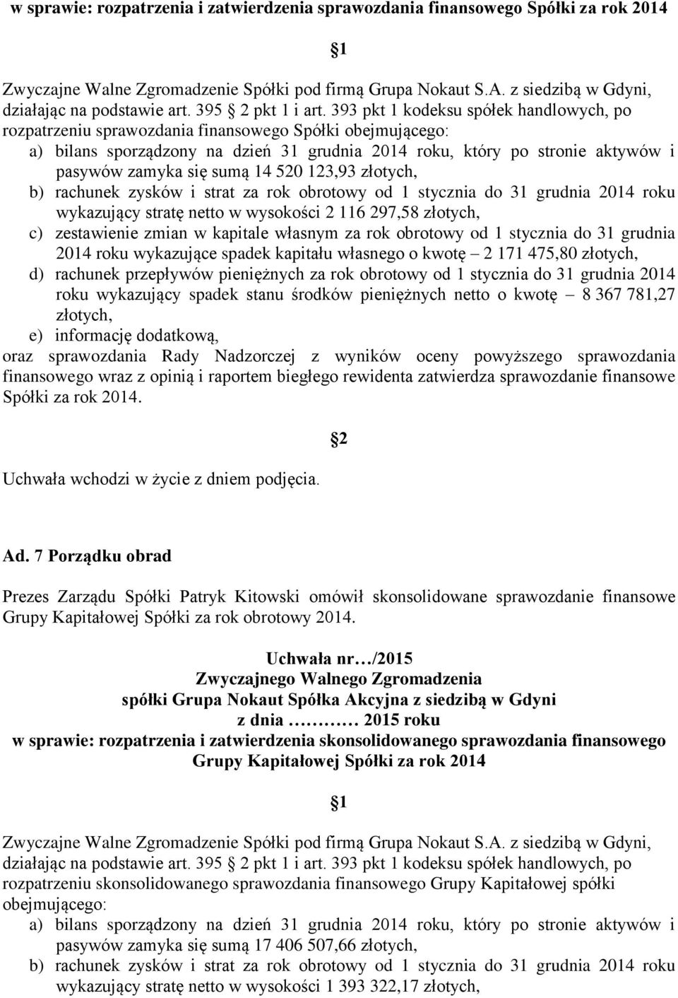 sumą 14 520 123,93 złotych, b) rachunek zysków i strat za rok obrotowy od 1 stycznia do 31 grudnia 2014 roku wykazujący stratę netto w wysokości 2 116 297,58 złotych, c) zestawienie zmian w kapitale