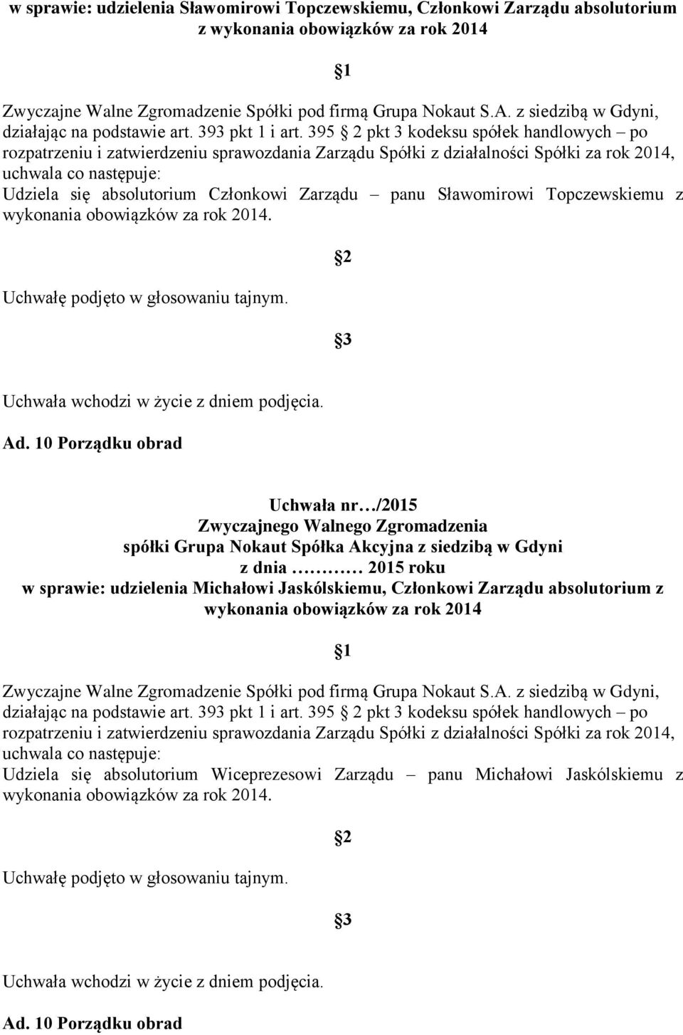 10 Porządku obrad w sprawie: udzielenia Michałowi Jaskólskiemu, Członkowi Zarządu absolutorium z wykonania obowiązków za rok 2014 rozpatrzeniu i zatwierdzeniu sprawozdania Zarządu