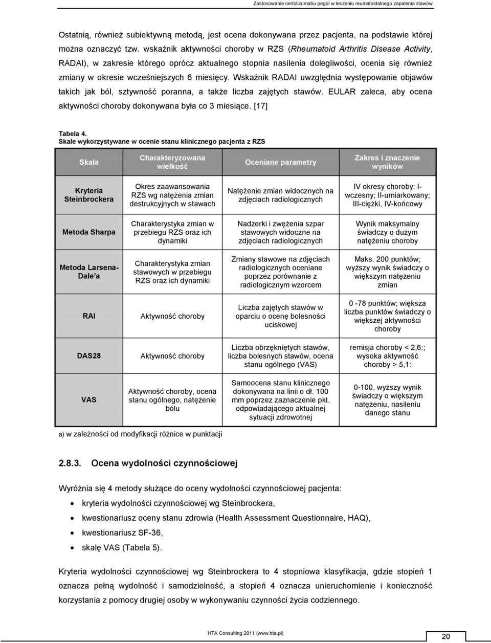 wcześniejszych 6 miesięcy. Wskaźnik RADAI uwzględnia występowanie objawów takich jak ból, sztywność poranna, a także liczba zajętych stawów.