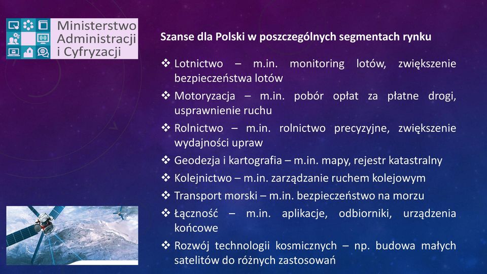 in. mapy, rejestr katastralny Kolejnictwo m.in. zarządzanie ruchem kolejowym Transport morski m.in. bezpieczeostwo na morzu Łącznośd m.