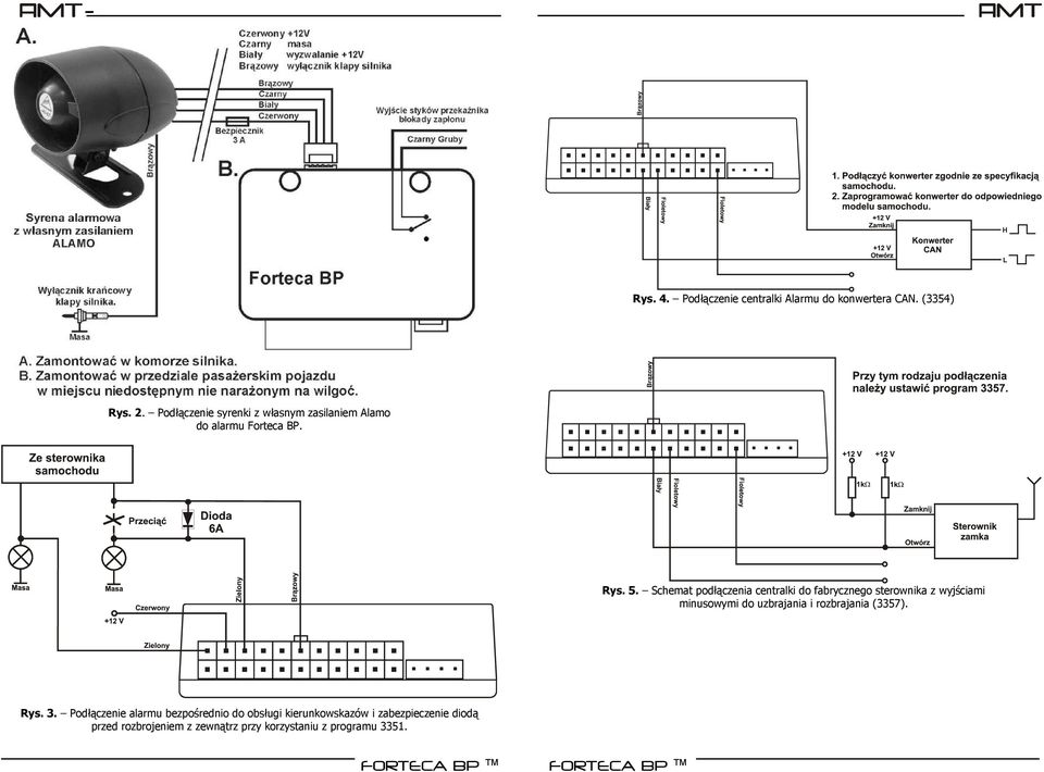 Schemat podłączenia centralki do fabrycznego sterownika z wyjściami minusowymi do uzbrajania i