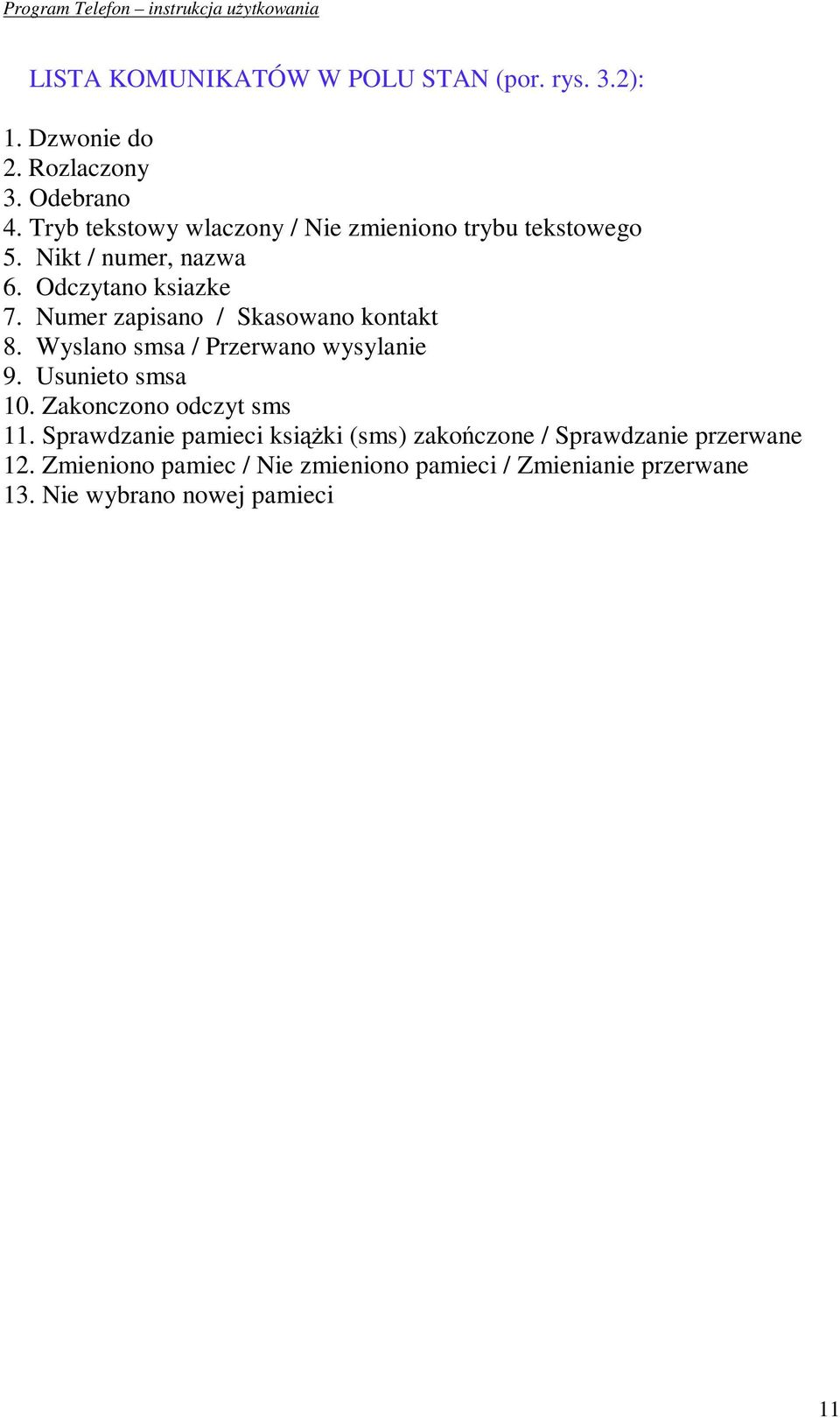 Numer zapisano / Skasowano kontakt 8. Wyslano smsa / Przerwano wysylanie 9. Usunieto smsa 10. Zakonczono odczyt sms 11.