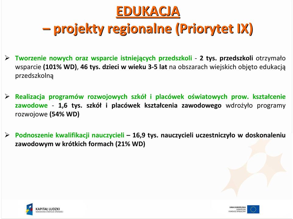 dzieci w wieku 3-5 lat na obszarach wiejskich objęto edukacją przedszkolną Realizacja programów rozwojowych szkół i placówek