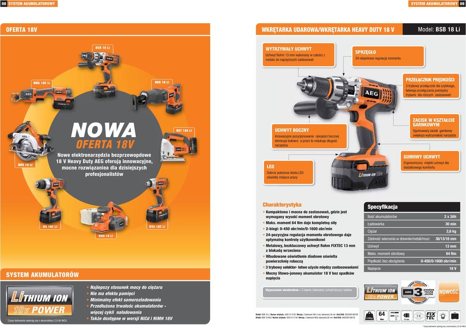 trybami dla różnych zastosowań BKS 18 Li NOWA OFERTA 18V Nowe elektronarzędzia bezprzewopdowe 18 V Heavy Duty AEG oferują innowacyjne, mocne rozwiązaniea dla dzisiejszych profesjonalistów BST 18X Li