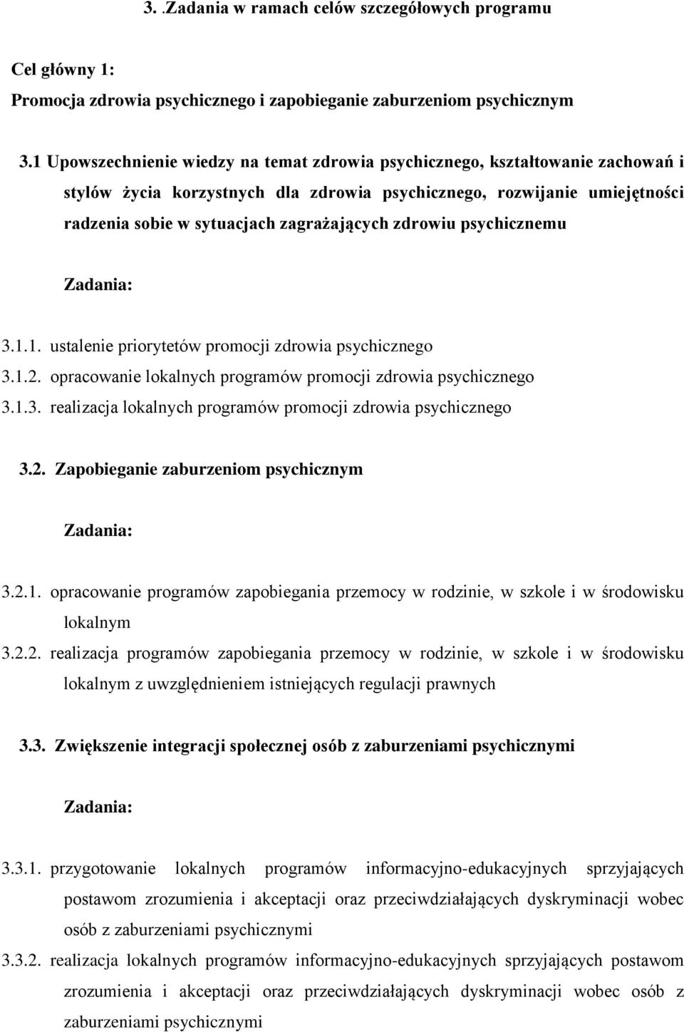 zdrowiu psychicznemu Zadania: 3.1.1. ustalenie priorytetów promocji zdrowia psychicznego 3.1.2. opracowanie lokalnych programów promocji zdrowia psychicznego 3.1.3. realizacja lokalnych programów promocji zdrowia psychicznego 3.