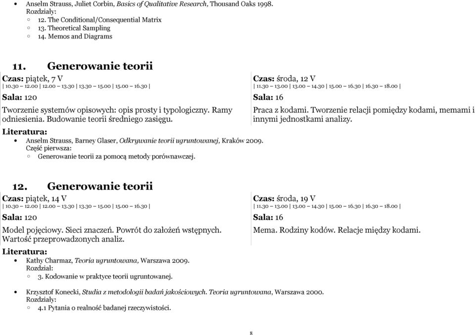 Anselm Strauss, Barney Glaser, Odkrywanie teorii ugruntowanej, Kraków 2009. Część pierwsza: Generowanie teorii za pomocą metody porównawczej. Czas: środa, 12 V Praca z kodami.