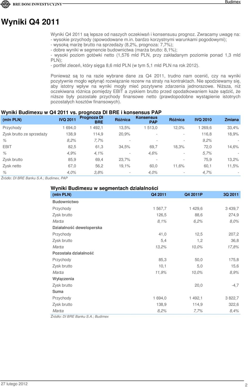 mld PLN, przy zakładanym poziomie ponad 1,3 mld PLN); - portfel zleceń, który sięga 8,6 mld PLN (w tym 5,1 mld PLN na rok 2012).