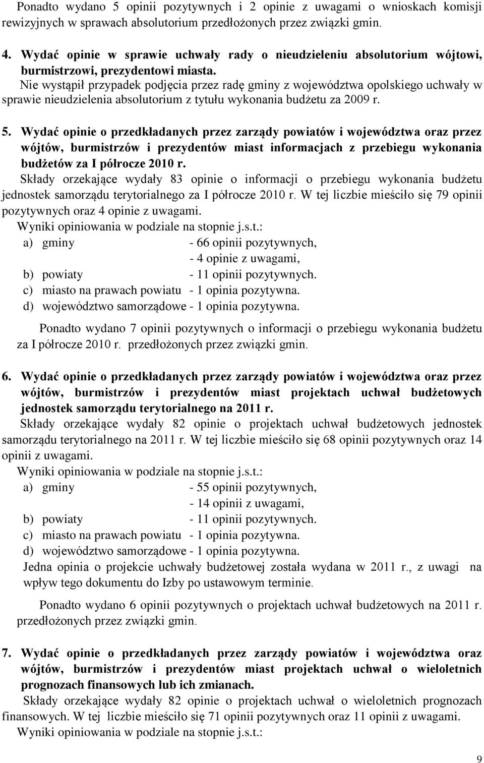 Nie wystąpił przypadek podjęcia przez radę gminy z województwa opolskiego uchwały w sprawie nieudzielenia absolutorium z tytułu wykonania budżetu za 2009 r. 5.