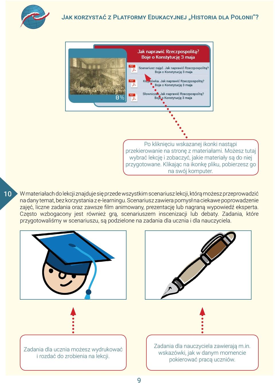 10 W materiałach do lekcji znajduje się przede wszystkim scenariusz lekcji, którą możesz przeprowadzić na dany temat, bez korzystania z e-learningu.