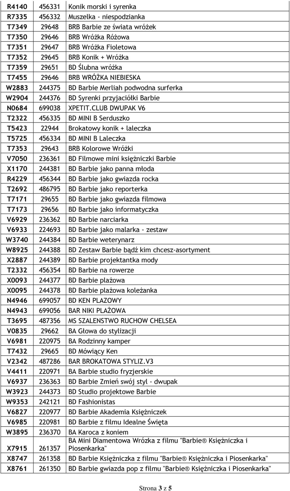 CLUB DWUPAK V6 T2322 456335 BD MINI B Serduszko T5423 22944 Brokatowy konik + laleczka T5725 456334 BD MINI B Laleczka T7353 29643 BRB Kolorowe Wróżki V7050 236361 BD Filmowe mini księżniczki Barbie