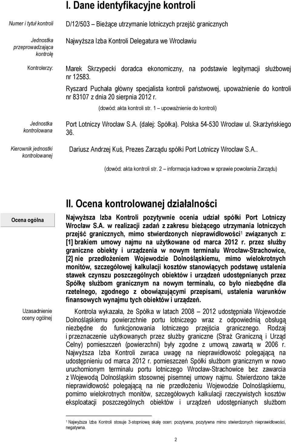 Ryszard Puchała główny specjalista kontroli państwowej, upoważnienie do kontroli nr 83107 z dnia 20 sierpnia 2012 r. (dowód: akta kontroli str. 1 upoważnienie do kontroli) Port Lotniczy Wrocław S.A.