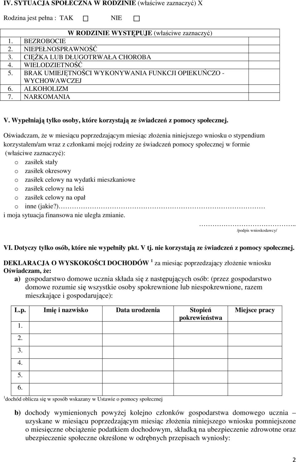 Oświadczam, Ŝe w miesiącu poprzedzającym miesiąc złoŝenia niniejszego wniosku o stypendium korzystałem/am wraz z członkami mojej rodziny ze świadczeń pomocy społecznej w formie (właściwe zaznaczyć):