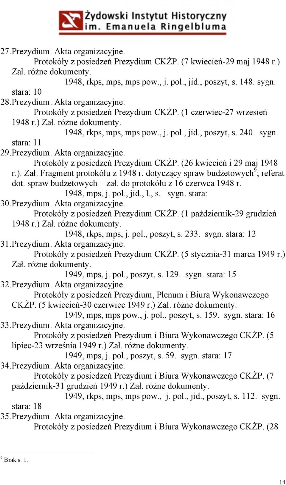 stara: 11 29. Prezydium. Akta organizacyjne. Protokóły z posiedzeń Prezydium CKŻP. (26 kwiecień i 29 maj 1948 r.). Zał. Fragment protokółu z 1948 r. dotyczący spraw budżetowych 9 ; referat dot.