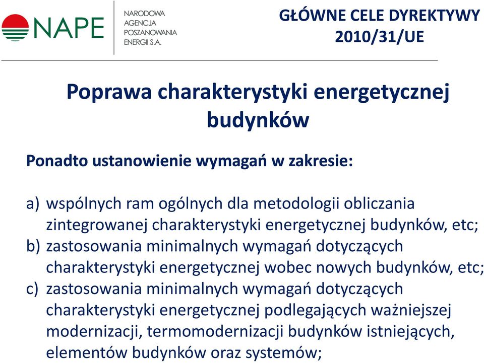 minimalnychwymagań dotyczących charakterystyki energetycznej wobec nowych budynków, etc; c) zastosowania minimalnych wymagań