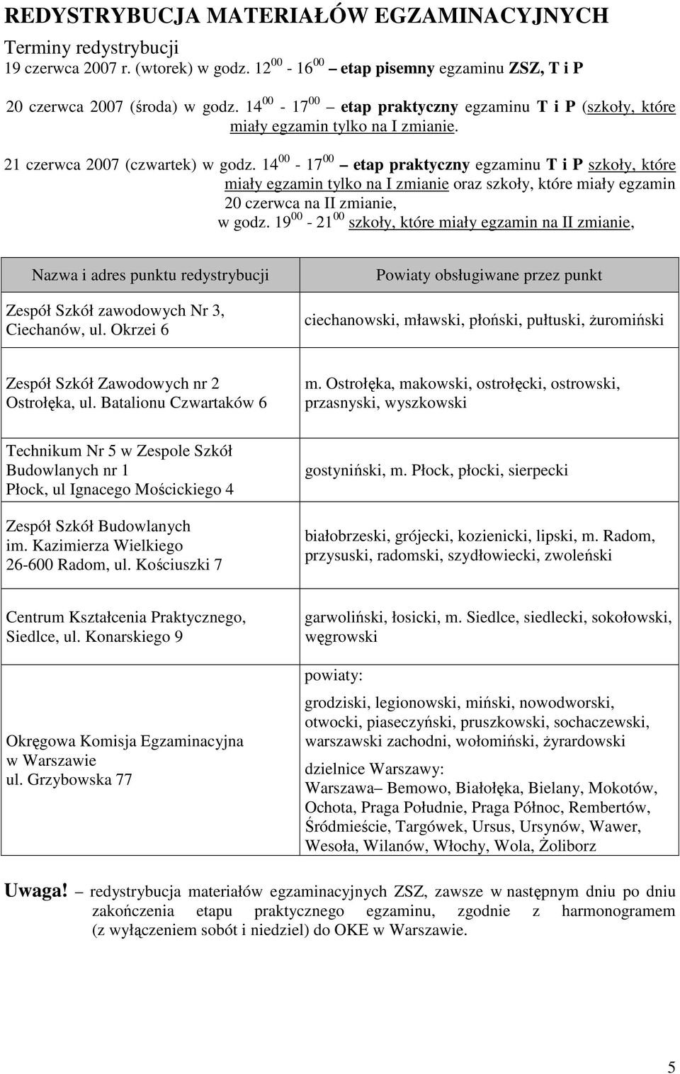 14 00-17 00 etap praktyczny egzaminu T i P szkoły, które miały egzamin tylko na I zmianie oraz szkoły, które miały egzamin 20 czerwca na II zmianie, w godz.