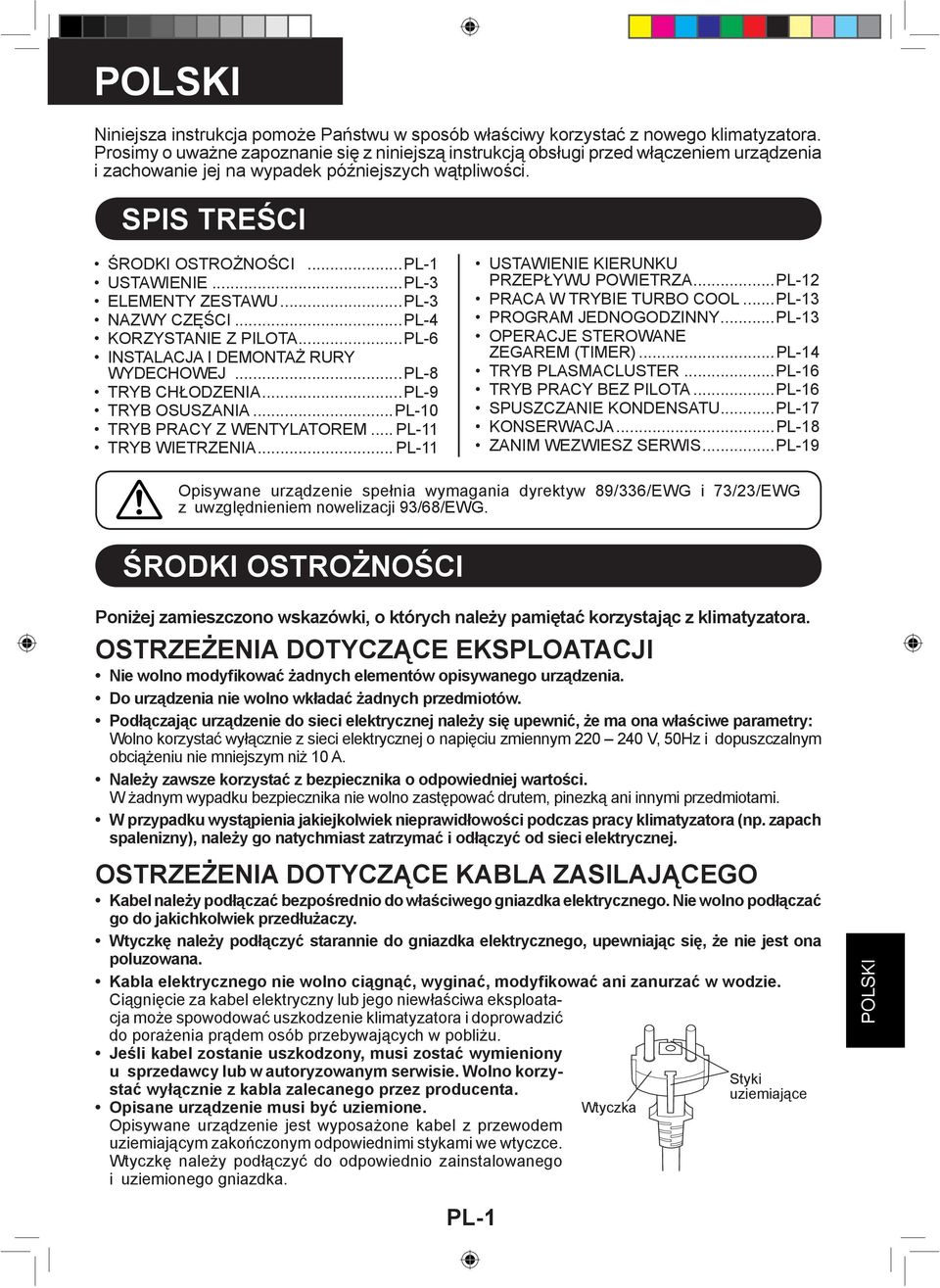 ..PL- ELEMENTY ZESTAWU...PL- NAZWY CZĘŚCI...PL-4 KORZYSTANIE Z PILOTA...PL-6 INSTALACJA I DEMONTAŻ RURY WYDECHOWEJ...PL-8 TRYB CHŁODZENIA...PL-9 TRYB OSUSZANIA...PL-0 TRYB PRACY Z WENTYLATOREM.