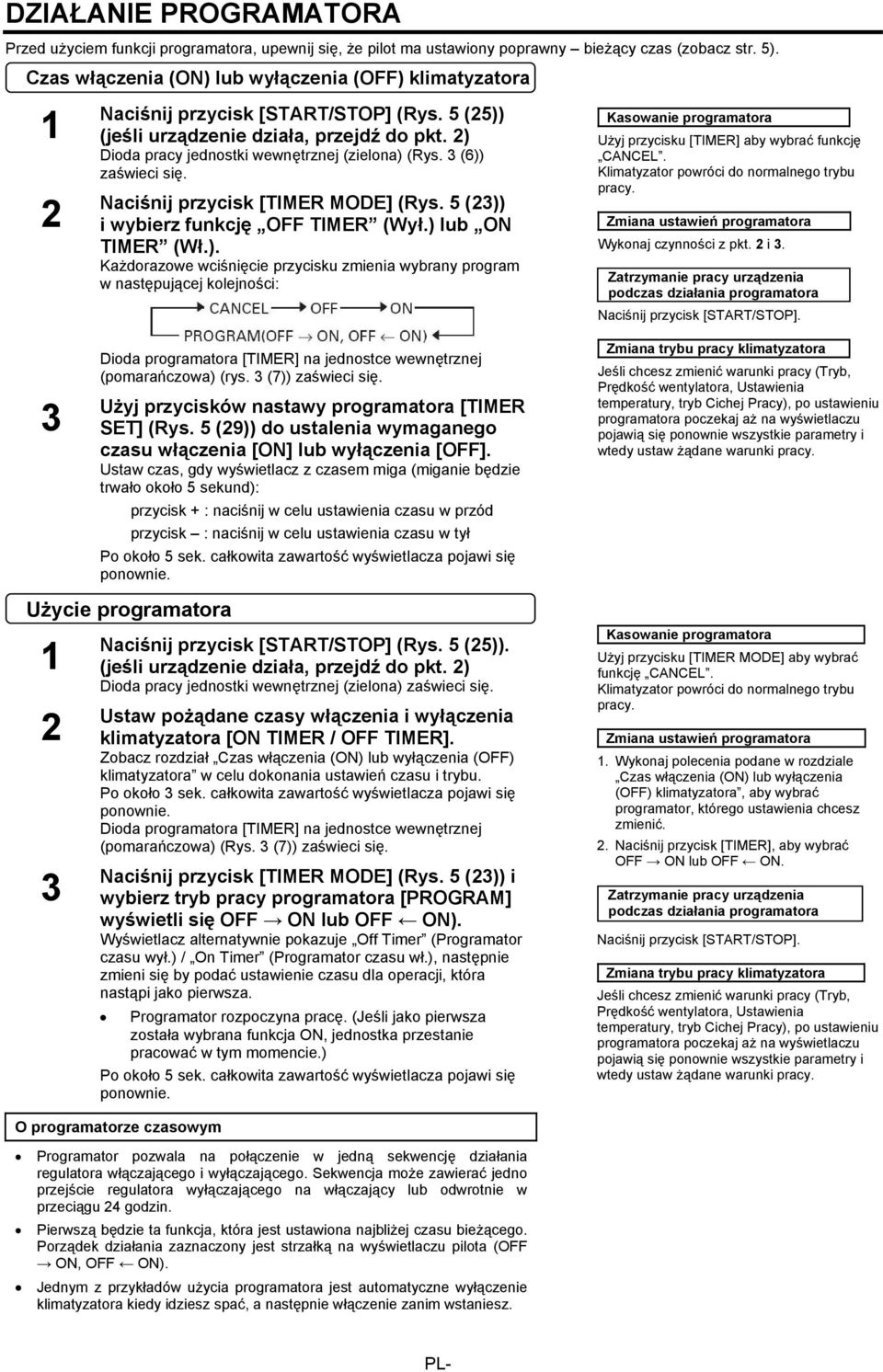 3 (6)) zaświeci się. Naciśnij przycisk [TIMER MODE] (Rys. 5 (23)) i wybierz funkcję OFF TIMER (Wył.) lub ON TIMER (Wł.). Każdorazowe wciśnięcie przycisku zmienia wybrany program w następującej kolejności: Dioda programatora [TIMER] na jednostce wewnętrznej (pomarańczowa) (rys.
