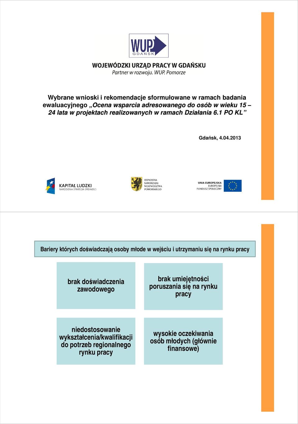 2013 Bariery których doświadczają osoby młode w wejściu i utrzymaniu się na rynku pracy brak doświadczenia zawodowego brak