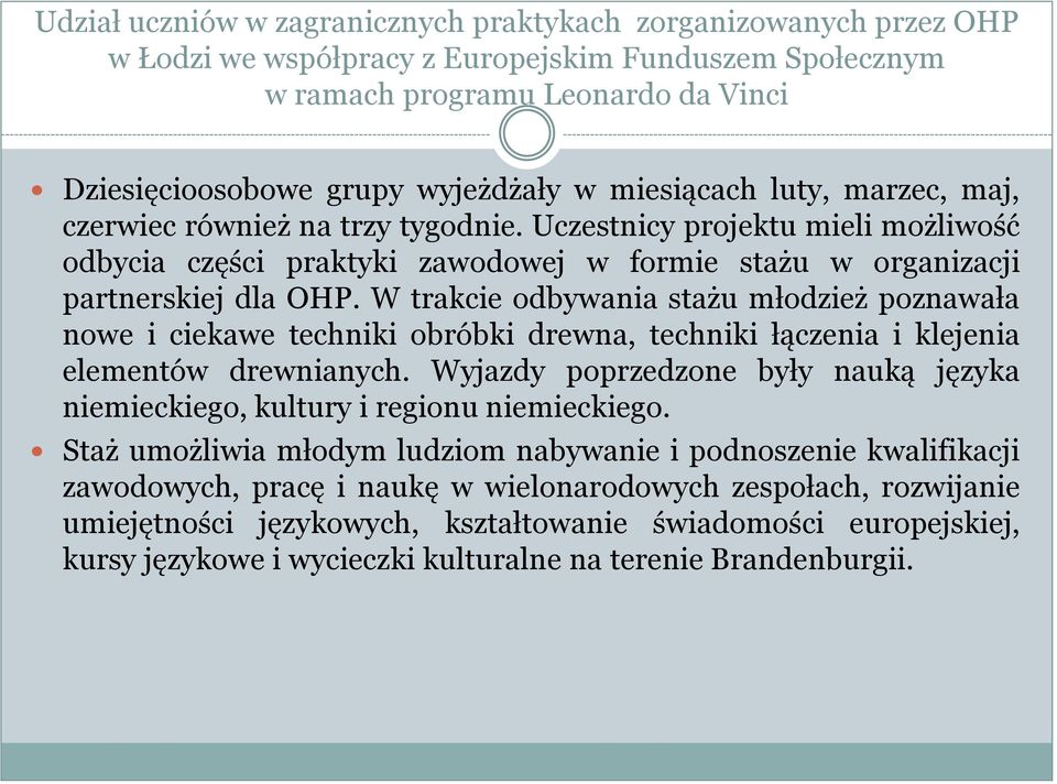 W trakcie odbywania stażu młodzież poznawała nowe i ciekawe techniki obróbki drewna, techniki łączenia i klejenia elementów drewnianych.