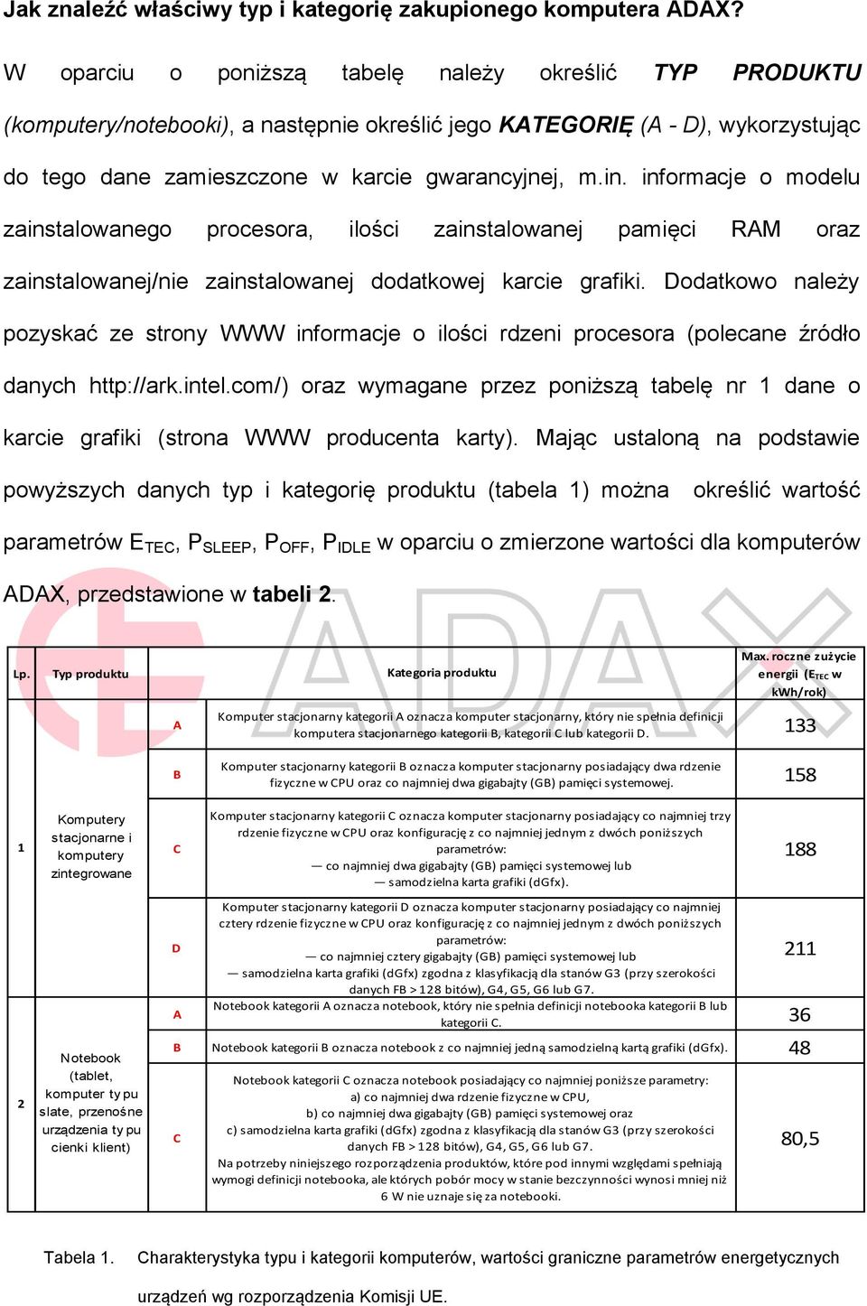 informacje o modelu zainstalowanego procesora, ilości zainstalowanej pamięci RAM oraz zainstalowanej/nie zainstalowanej dodatkowej karcie grafiki.