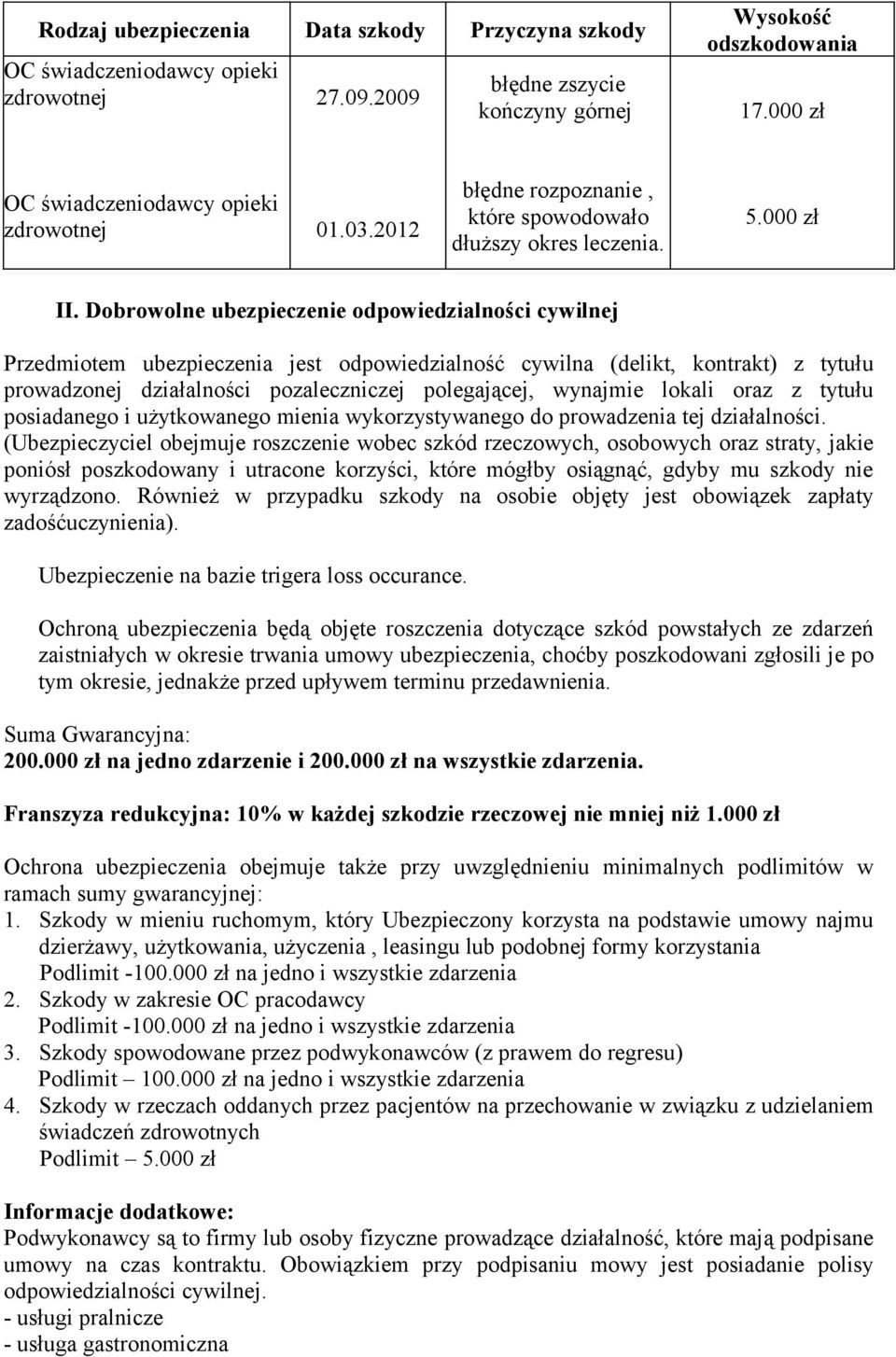 Dobrowolne ubezpieczenie odpowiedzialności cywilnej Przedmiotem ubezpieczenia jest odpowiedzialność cywilna (delikt, kontrakt) z tytułu prowadzonej działalności pozaleczniczej polegającej, wynajmie