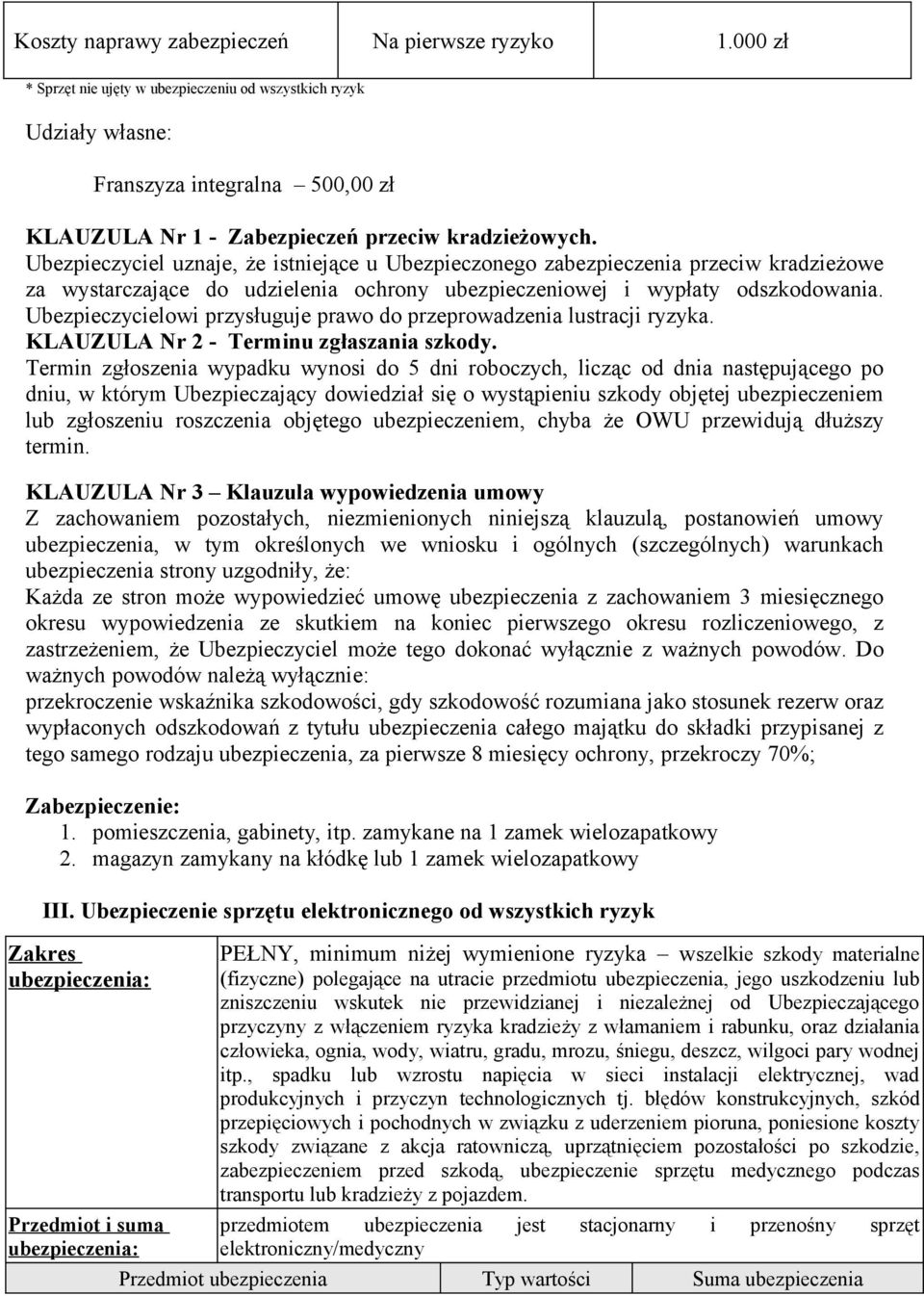 Ubezpieczyciel uznaje, że istniejące u Ubezpieczonego zabezpieczenia przeciw kradzieżowe za wystarczające do udzielenia ochrony ubezpieczeniowej i wypłaty odszkodowania.