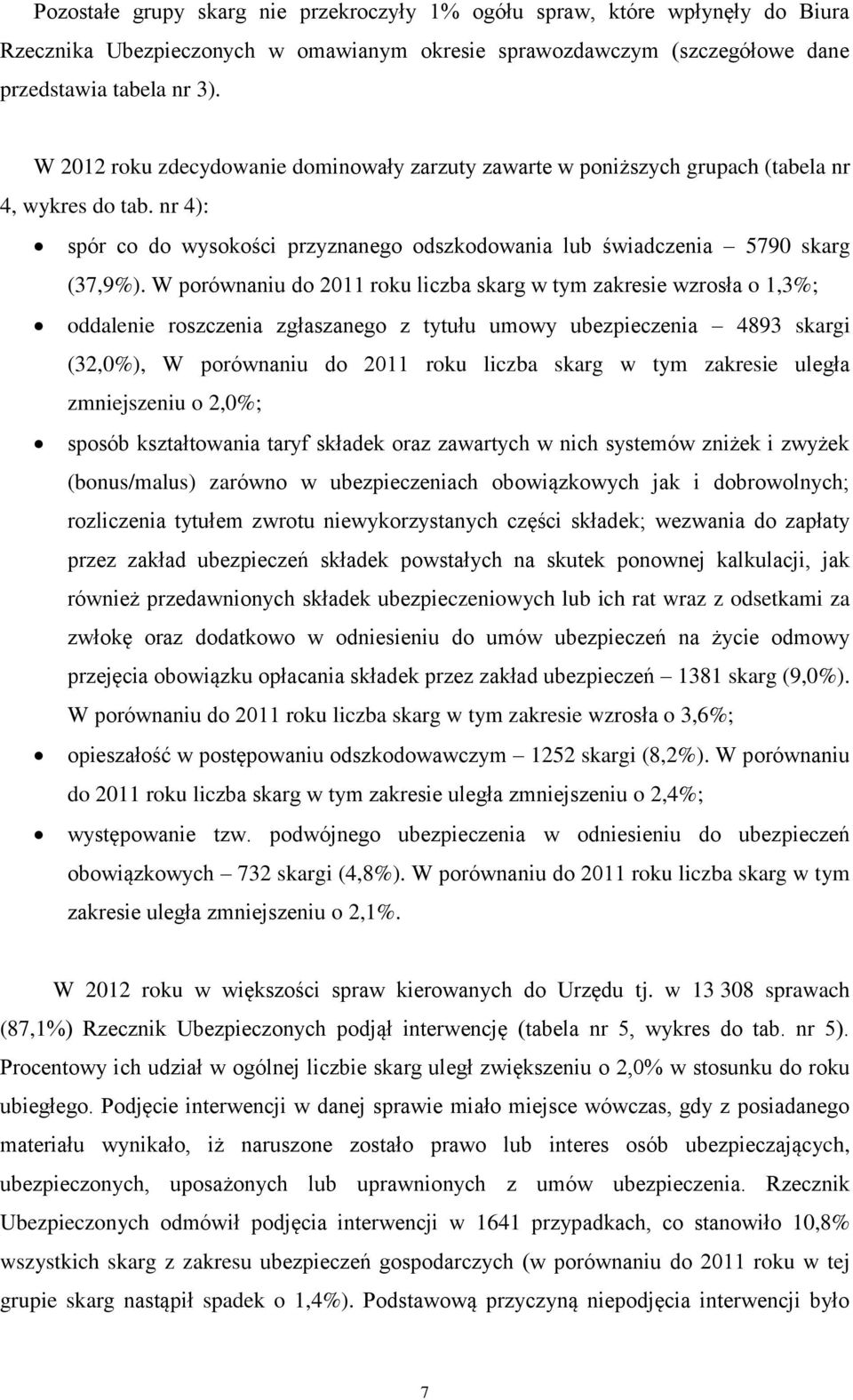 W porównaniu do 2011 roku liczba skarg w tym zakresie wzrosła o 1,3%; oddalenie roszczenia zgłaszanego z tytułu umowy ubezpieczenia 4893 skargi (32,0%), W porównaniu do 2011 roku liczba skarg w tym