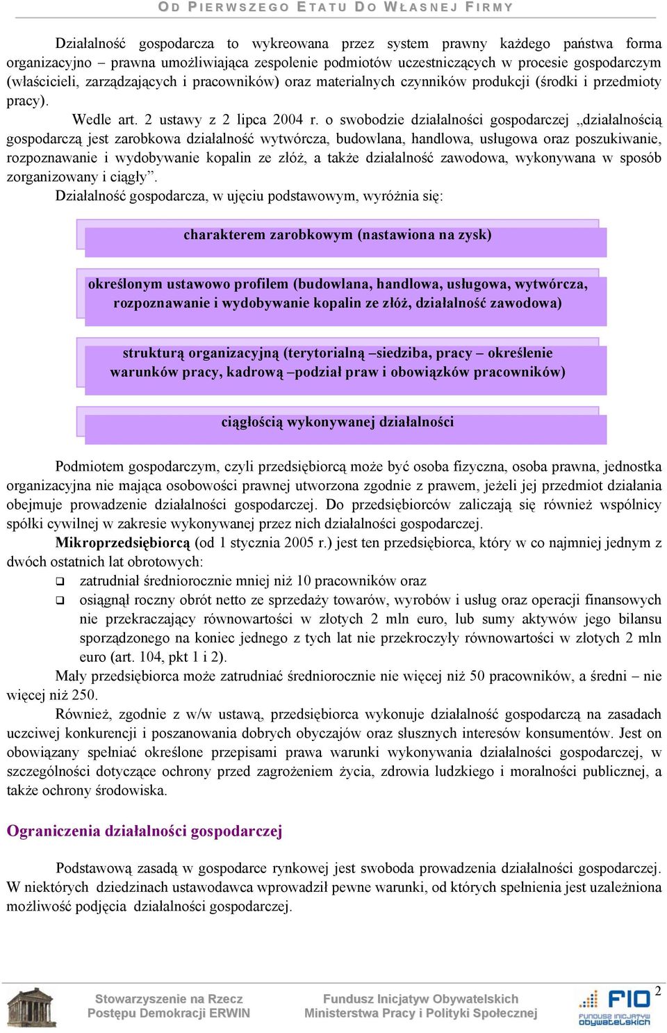 o swobodzie działalności gospodarczej działalnością gospodarczą jest zarobkowa działalność wytwórcza, budowlana, handlowa, usługowa oraz poszukiwanie, rozpoznawanie i wydobywanie kopalin ze złóż, a