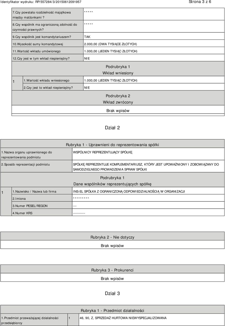 Wartość wkładu wniesionego 1.000,00 (JEDEN TYSIĄC ZŁOTYCH) 2.Czy jest to wkład niepieniężny? Podrubryka 2 Wkład zwrócony Dział 2 Rubryka 1 - Uprawnieni do reprezentowania spółki 1.